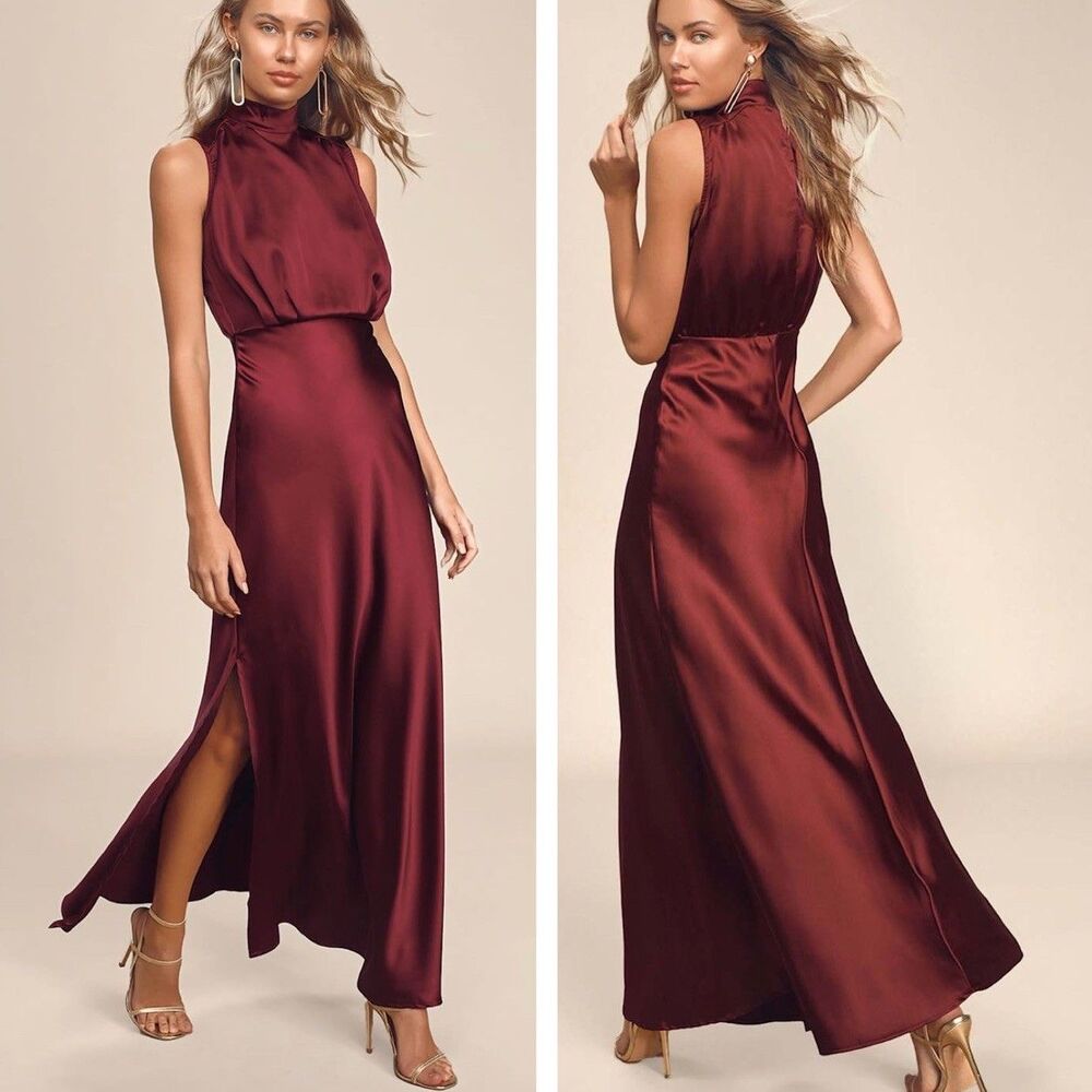 Lulus Classic Elegance Wine Satin Maxi Dress Size Medium NWT Bridesmaid Cocktail